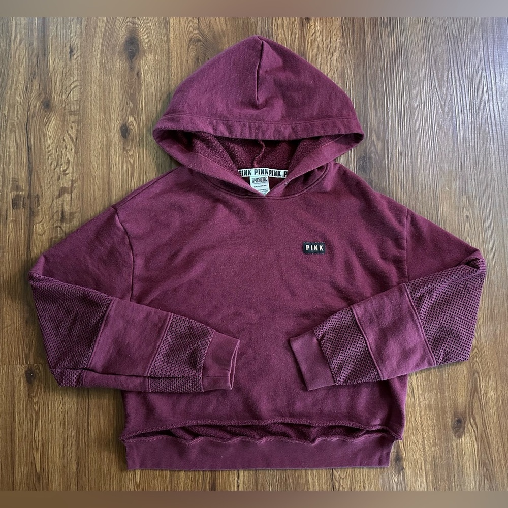 PINK Victoria's Secret Maroon Cropped Hoodie with Mesh Sleeve Detail